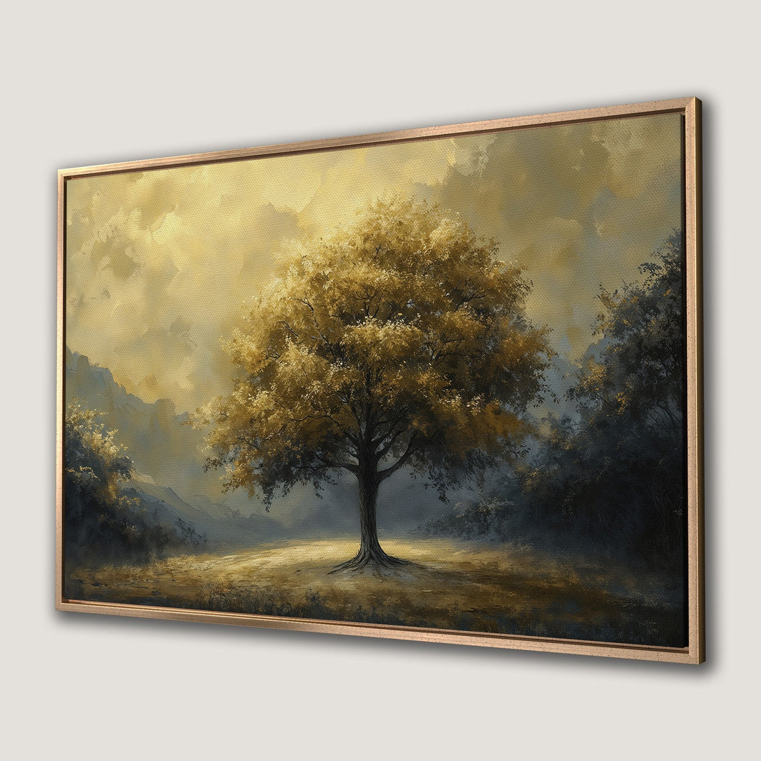 Framed Wall Art: Majestic tree landscape painting in warm gold and muted blue tones. Perfect for adding a touch of nature-inspired elegance to your home.