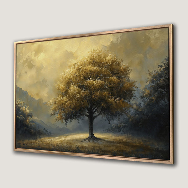 Framed Wall Art: Majestic tree landscape painting in warm gold and muted blue tones. Perfect for adding a touch of nature-inspired elegance to your home.