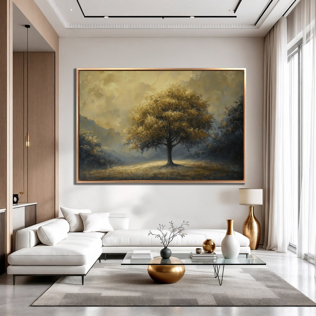 Framed Wall Art: Majestic tree landscape canvas print in warm gold and blue tones, perfect for adding a touch of nature and elegance to your home decor.