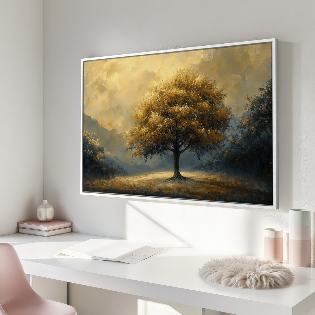 Framed Wall Art: Golden tree landscape art print in warm yellow & blue tones. Modern canvas art for living room or bedroom decor.