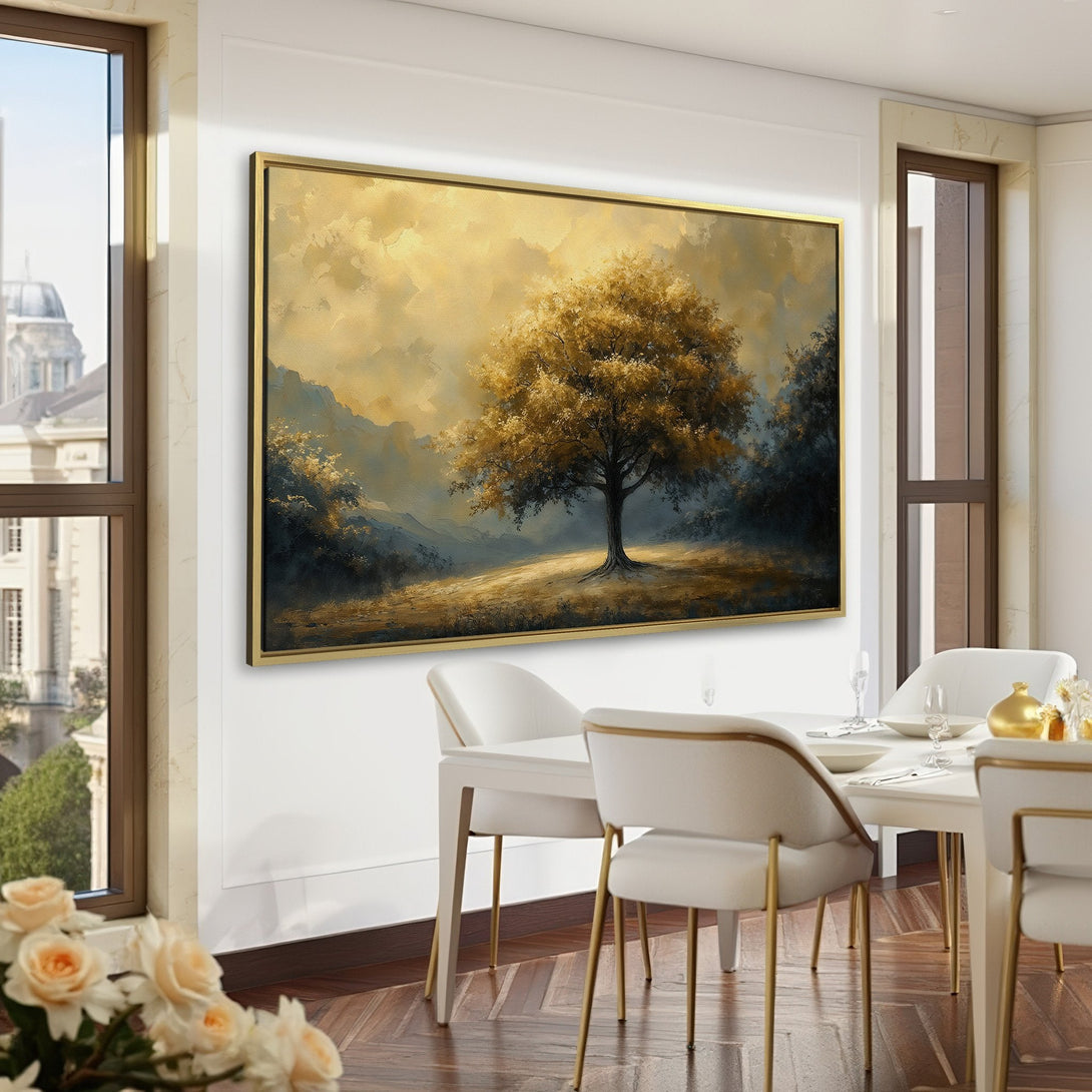 Canvas Print of a golden tree landscape painting. Warm, inviting color palette. Perfect for adding elegance to any interior space.