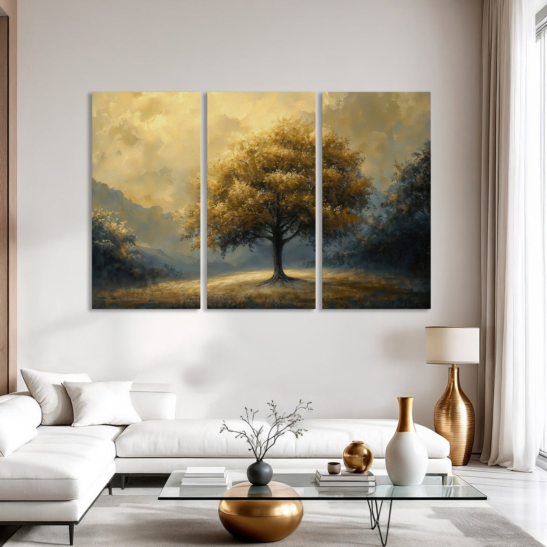 Canvas Print of a golden tree landscape painting, displayed in a modern living room. Warm, earthy tones create a serene, inviting atmosphere.