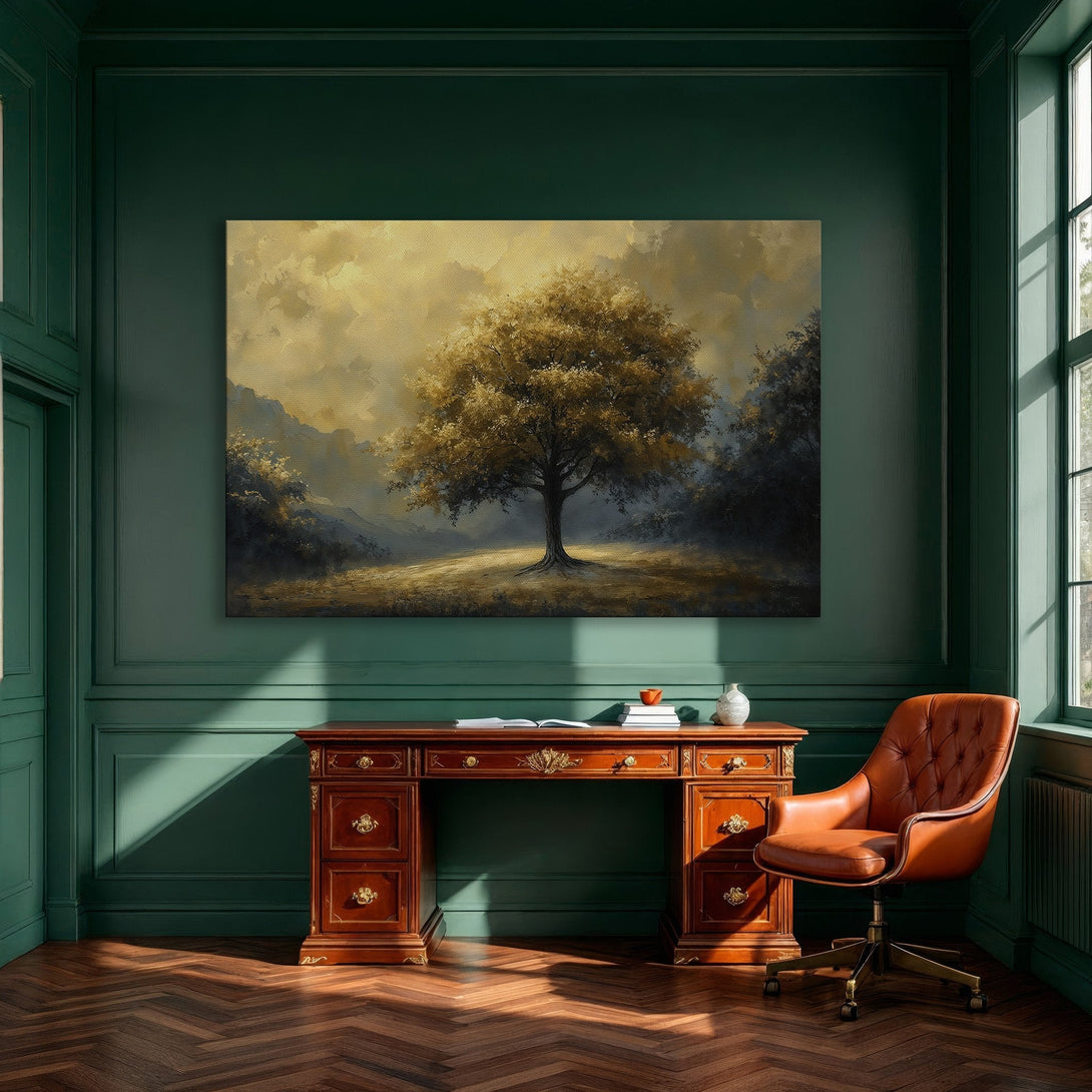 Framed Wall Art: Golden tree landscape canvas print in a dining room. Warm gold and blue color palette, perfect for adding elegance to your home.