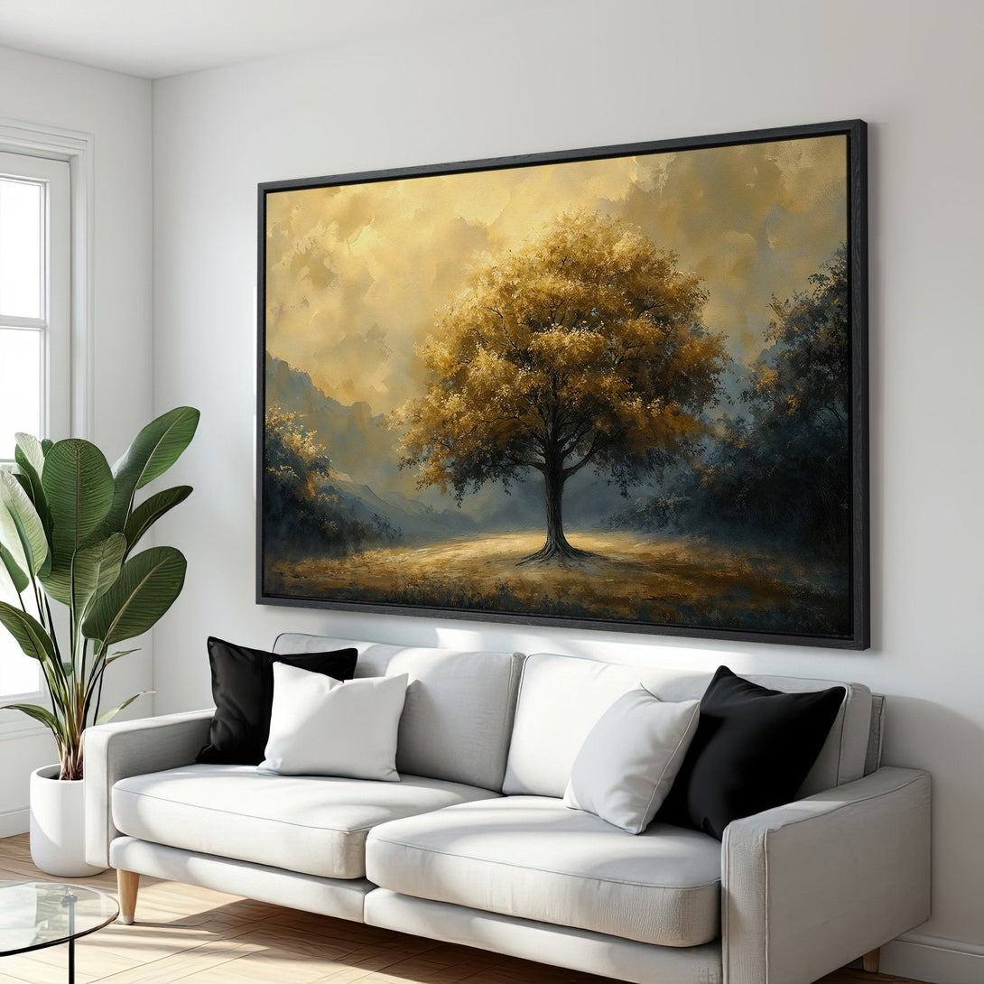 Framed Wall Art: Majestic tree landscape Canvas Print. Warm gold, blue, and brown tones create a serene, artistic vibe for your home decor.