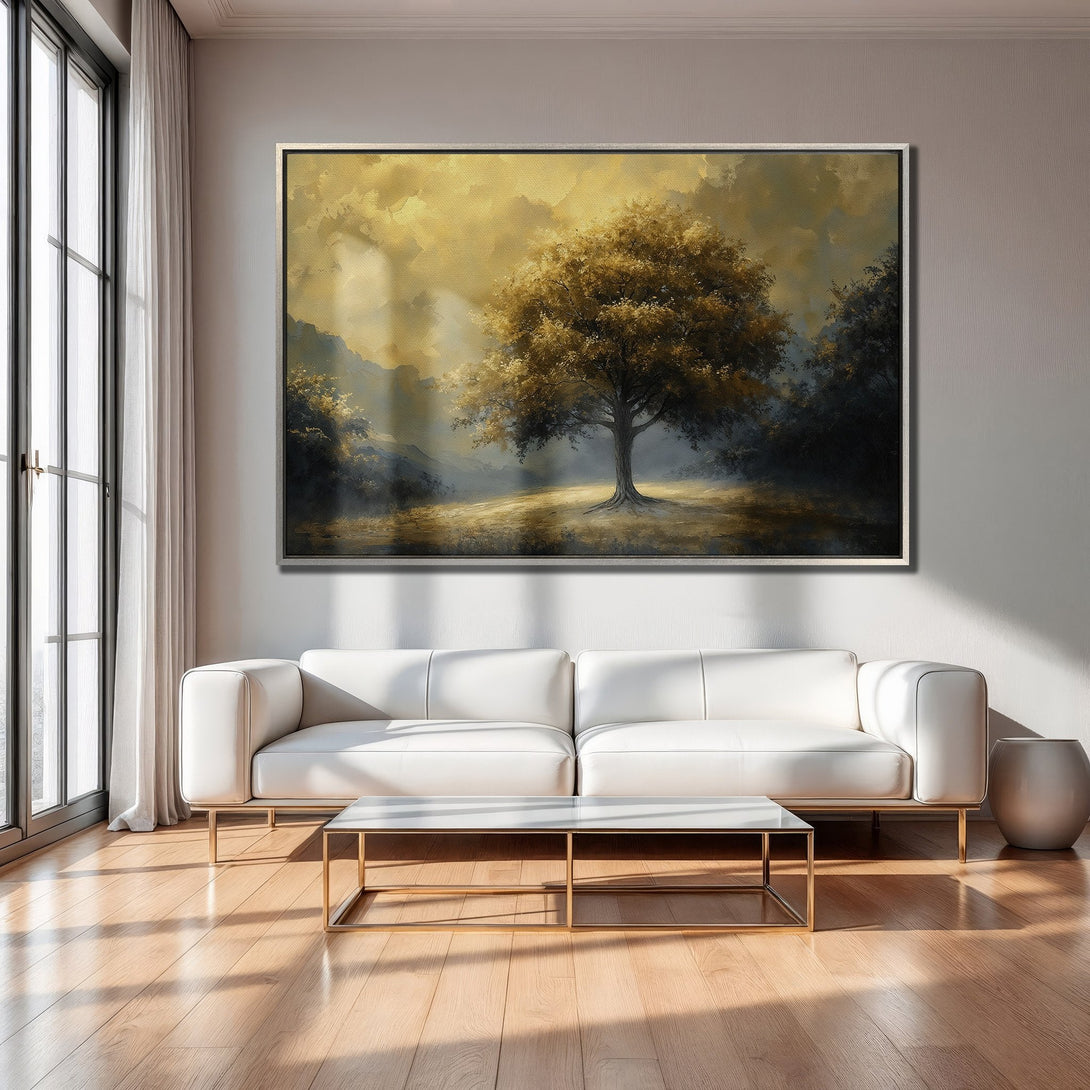 Framed Wall Art: Majestic tree landscape in warm gold and dark tones. Perfect for adding a touch of elegance to your living room. Shop now!