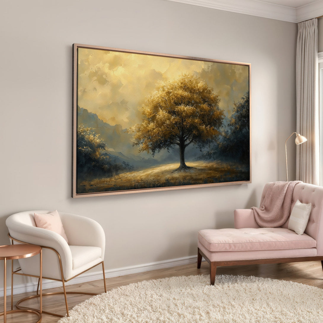 Framed Wall Art: Landscape Canvas Print featuring a golden tree. Warm, inviting color palette with gold, beige, and blue tones. Perfect for living room decor.