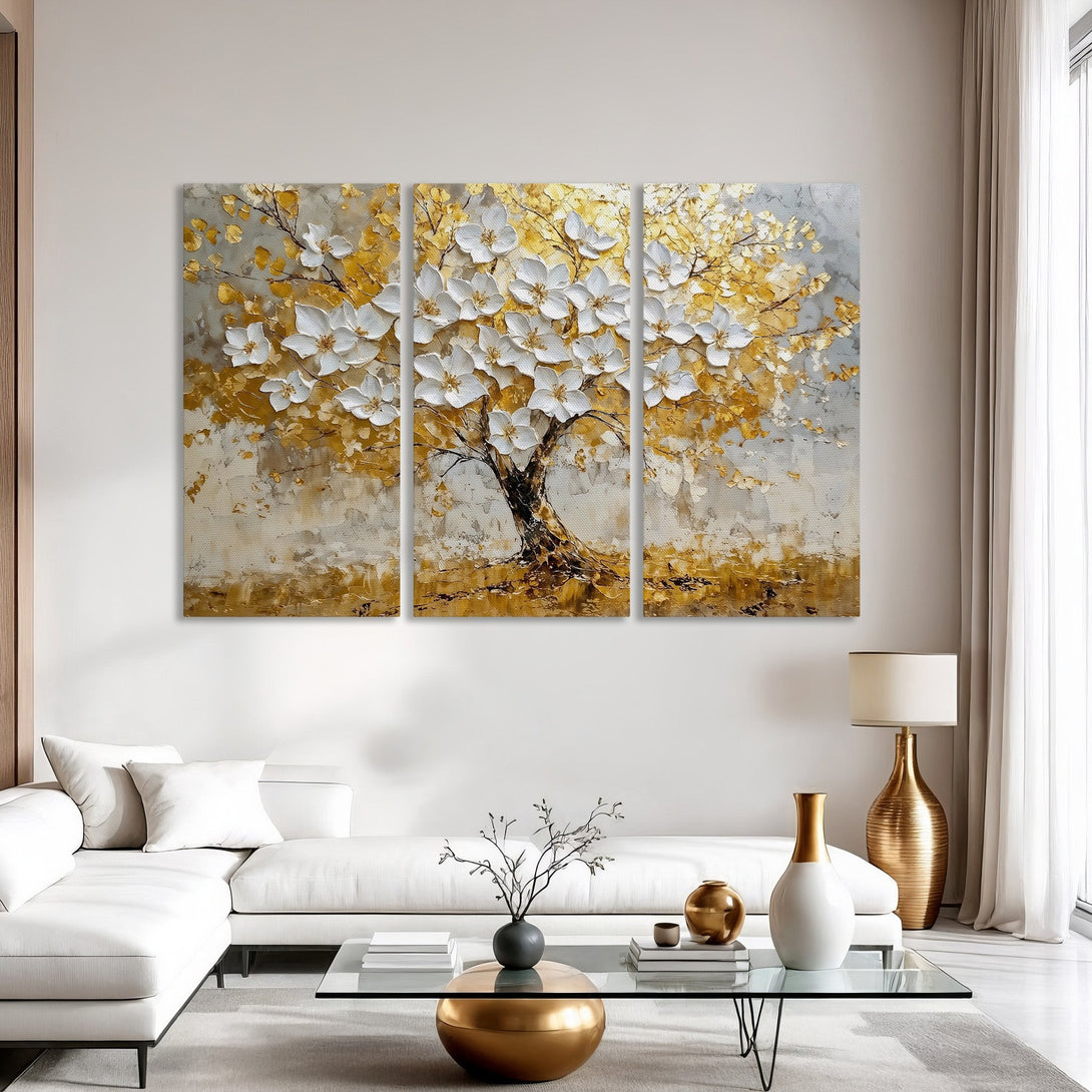 Canvas Print of a textured tree with white flowers and gold leaves. Modern art in a neutral and gold color palette.