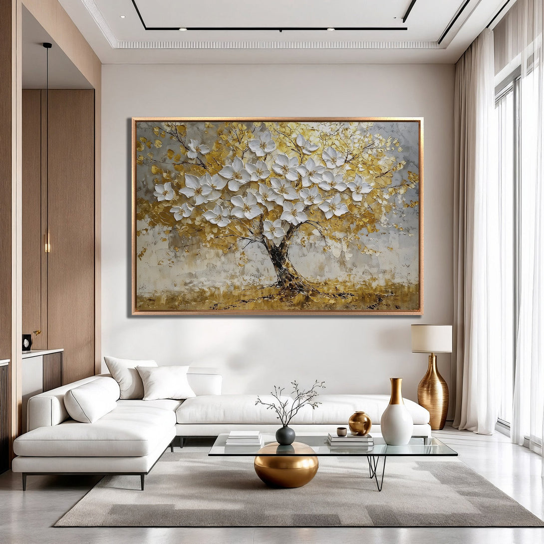 Framed Wall Art: Elegant tree artwork with white flowers and gold accents. Modern style, neutral color palette. Perfect for living room decor.