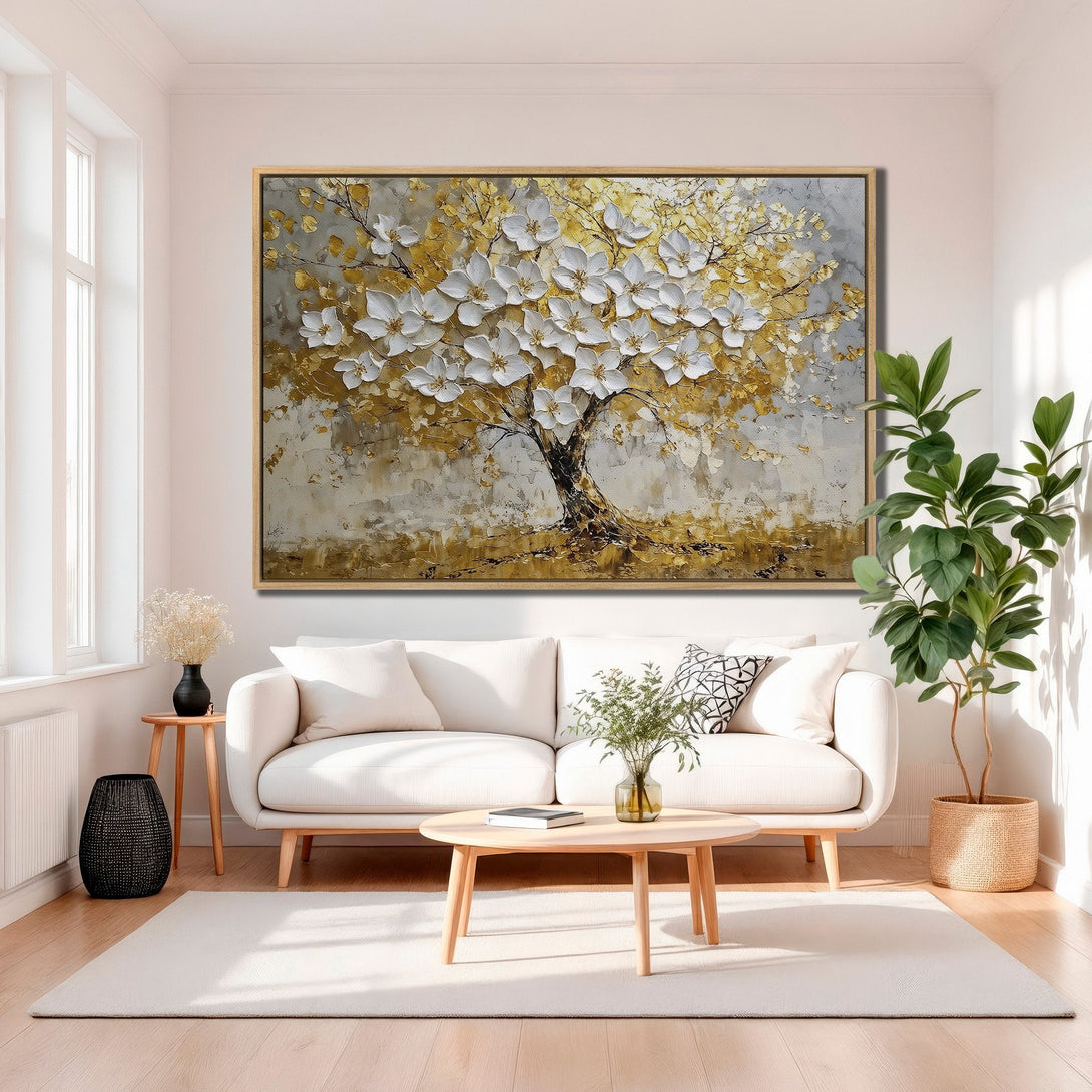 Framed Wall Art: Stunning textured tree art in gold, white, and gray tones. Modern canvas print adds elegance to any living room. Shop now for stylish home decor!