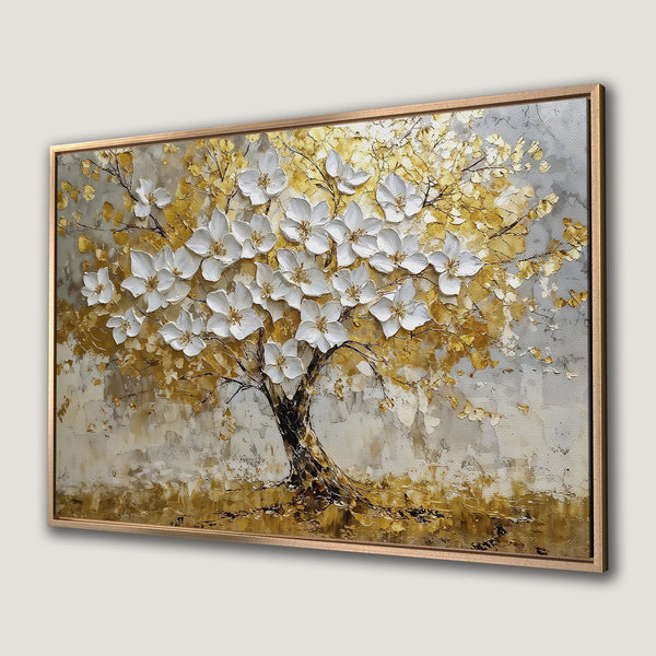 Framed Wall Art: Textured tree painting with white flowers, gold and gray palette. Elegant canvas print for modern home decor.
