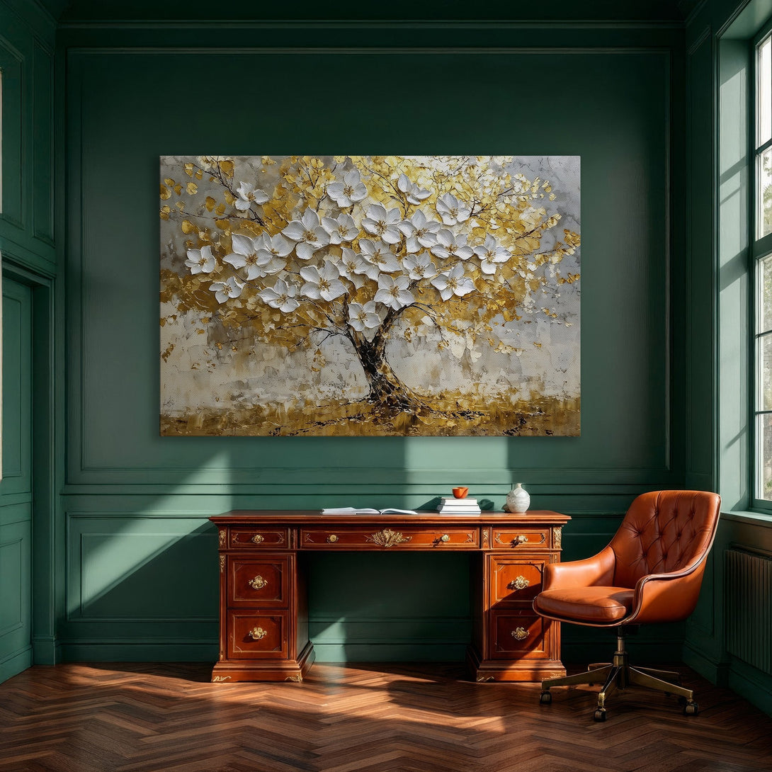 Framed Wall Art: Textured tree painting in gold, white, and gray tones. Modern art for elegant home decor.