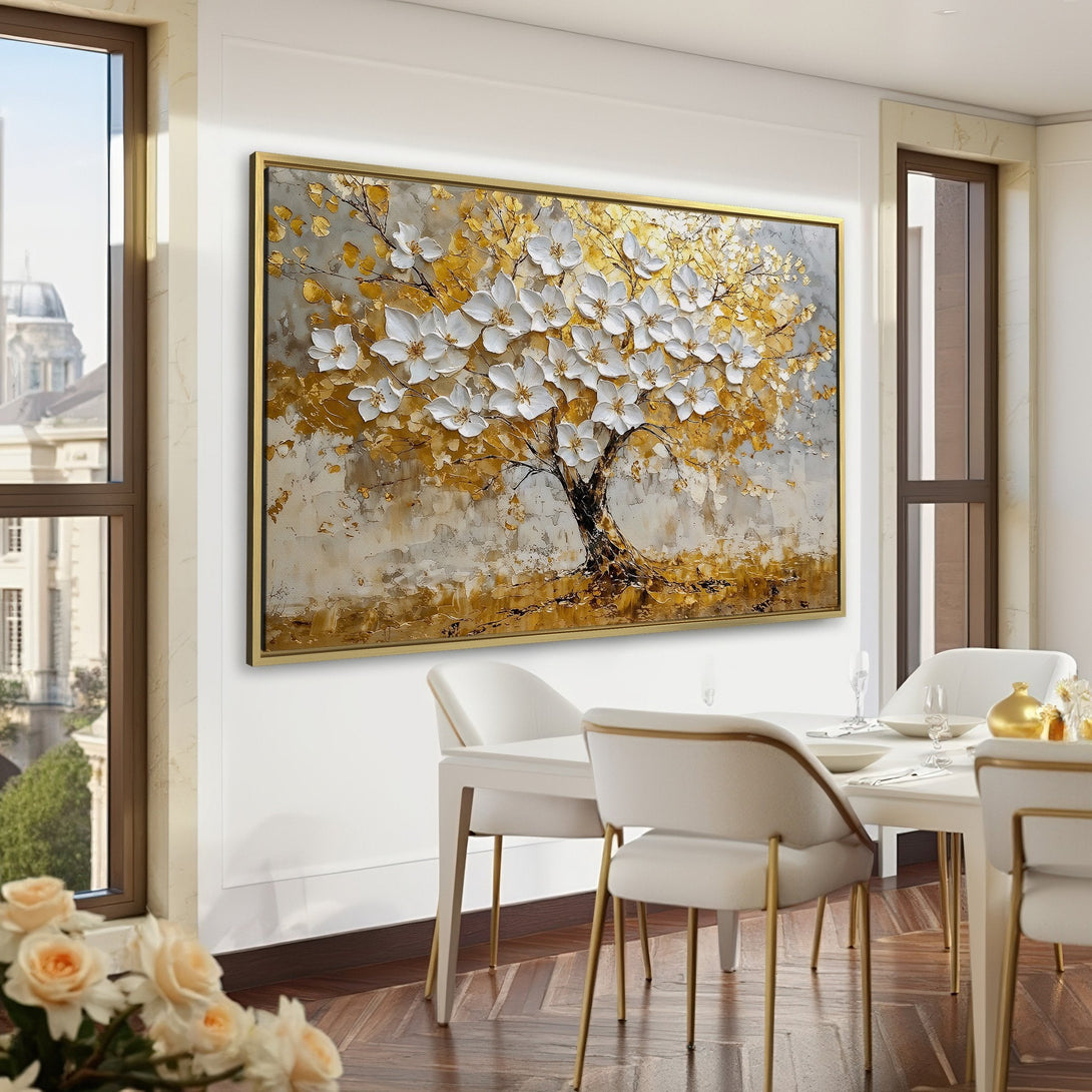 Canvas Print of a gold and white floral tree art piece in a green interior. Elegant, textured artwork with a warm, neutral color palette.