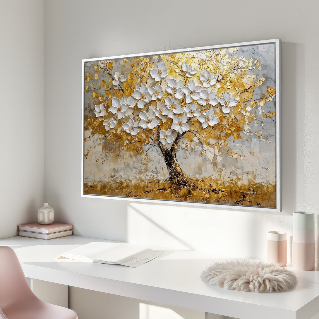 Framed Wall Art: Textured tree painting with white flowers, gold and gray palette. Modern art for home decor, adds elegance.