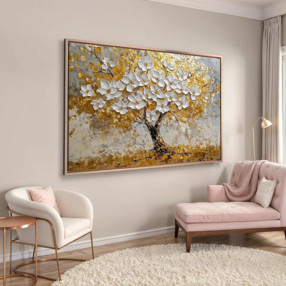 Framed Wall Art: Stunning textured tree painting in gold, white, and neutral tones. Modern art for living room decor. Enhance your space with this beautiful canvas print.