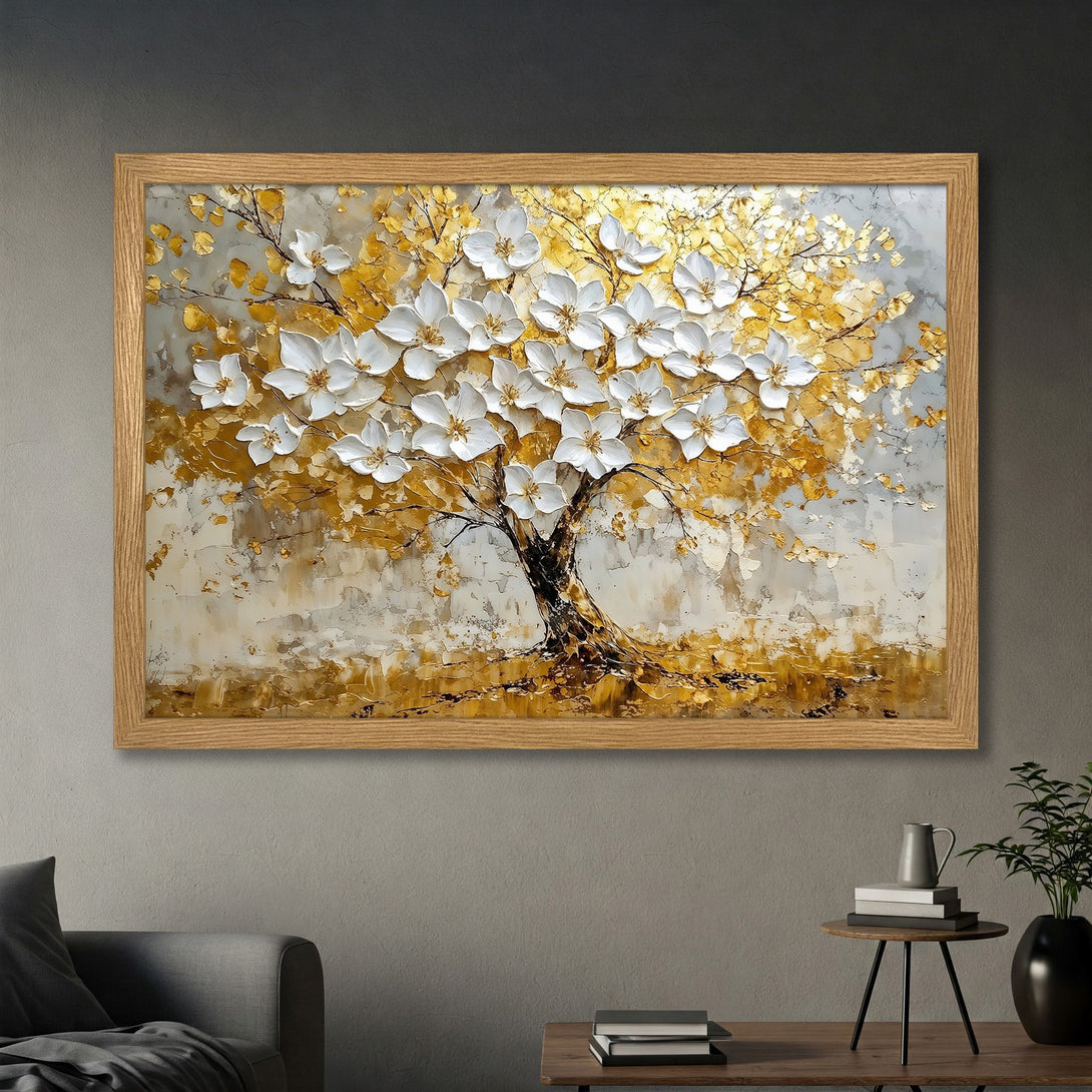 Framed Poster of a textured tree with white flowers and gold leaves. Elegant art in a warm gold and neutral color palette.