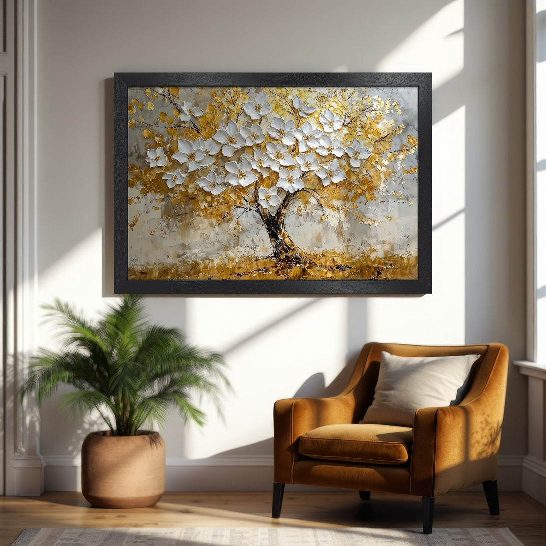 Framed Poster of a tree with white flowers, gold and neutral tones, perfect for home decor.
