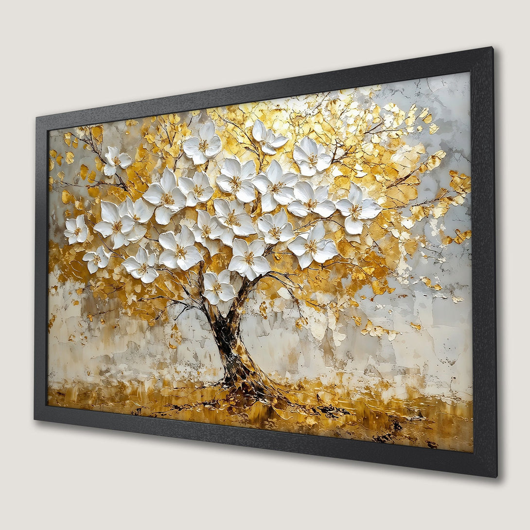 Framed Poster of a textured tree with white flowers and gold leaves. Elegant art in a neutral palette.