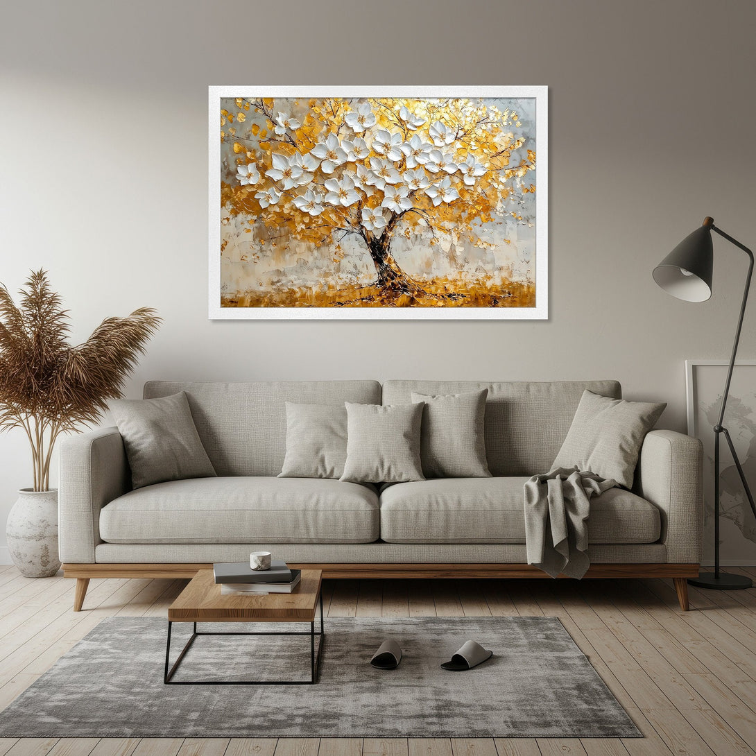 Framed Poster of a textured tree with white flowers, gold and neutral color palette. Add a touch of elegance to your home!