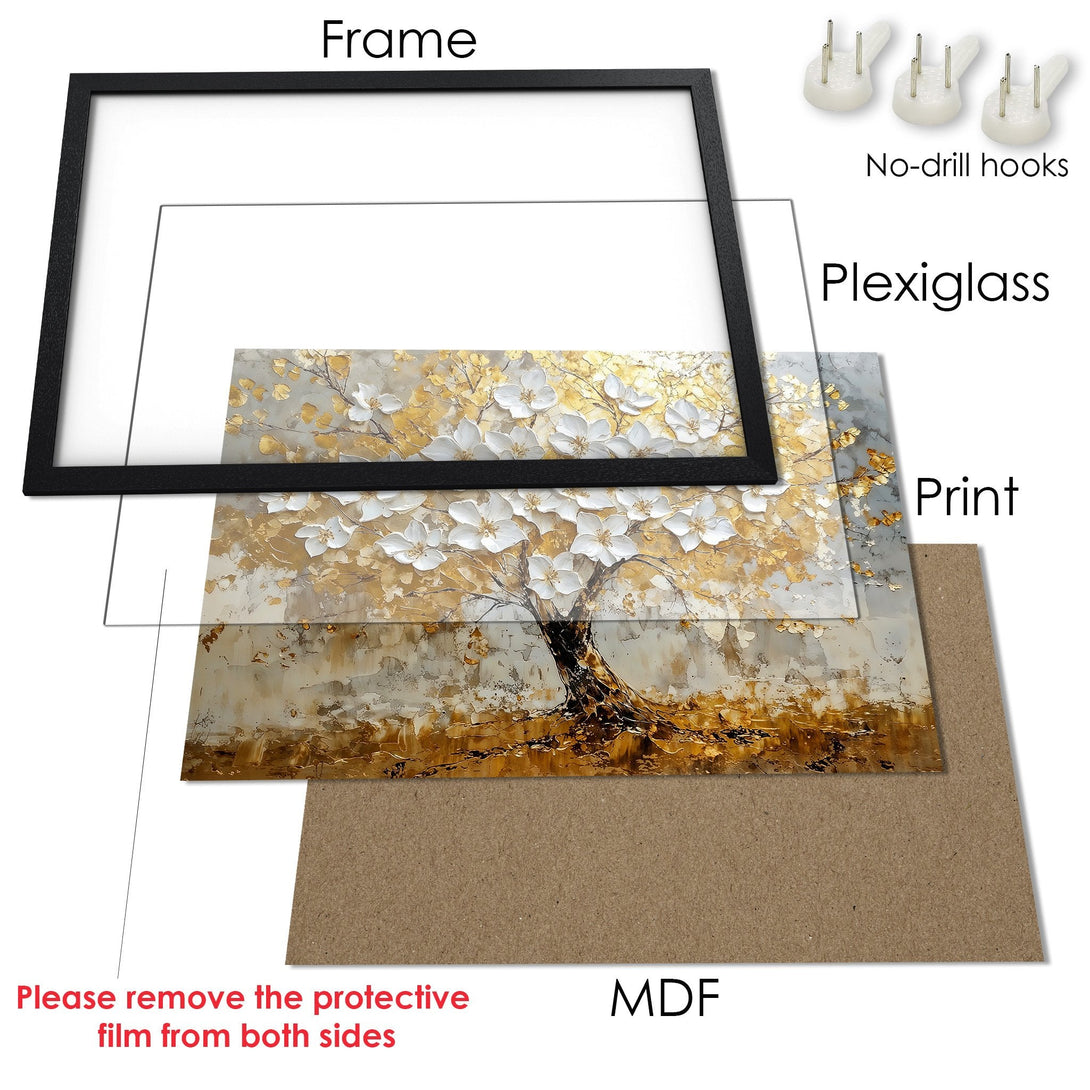 Framed Poster featuring a textured tree art print. Elegant gold and white color palette. Ready to hang!
