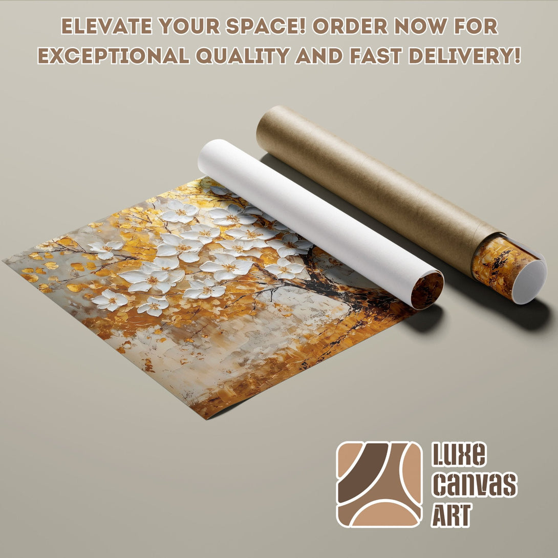 Poster Roll featuring a floral abstract art print in gold and white tones. Elevate your space!