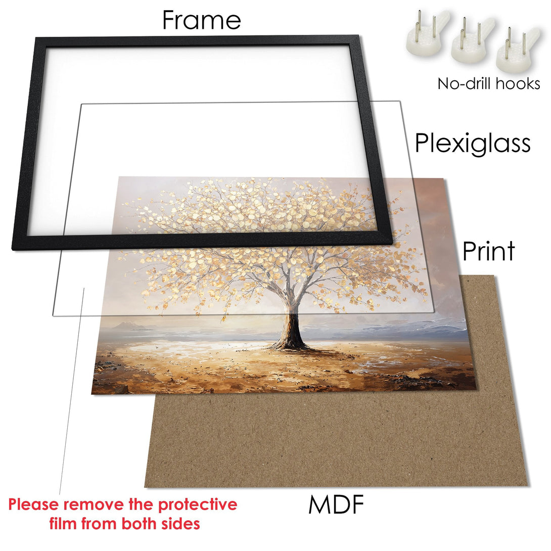 Framed Poster featuring a golden tree landscape art print. Warm, earthy tones and a modern style make this the perfect wall decor.