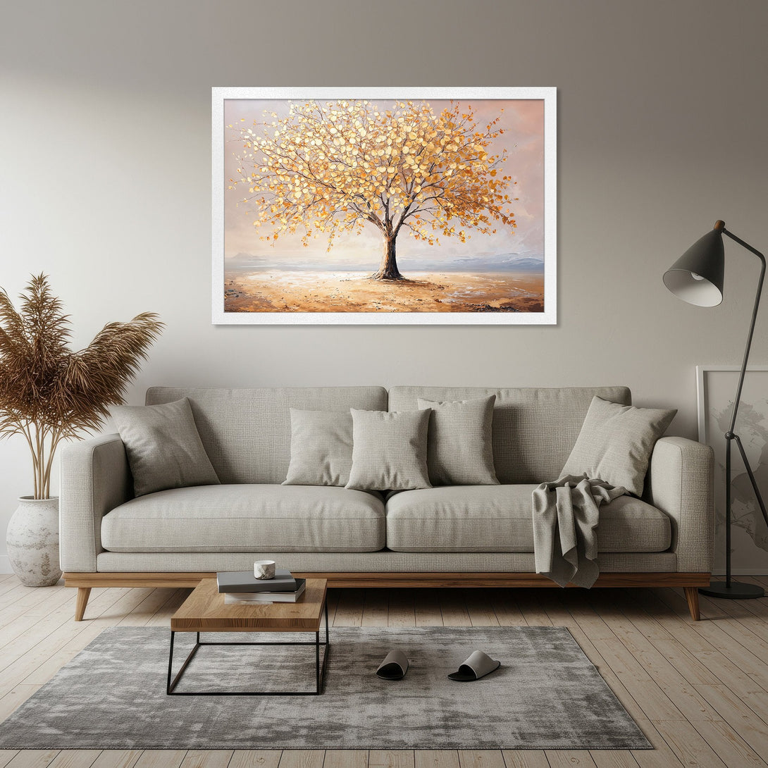 Framed Poster featuring a vibrant tree painting with a warm, golden color palette. Perfect art for your home!