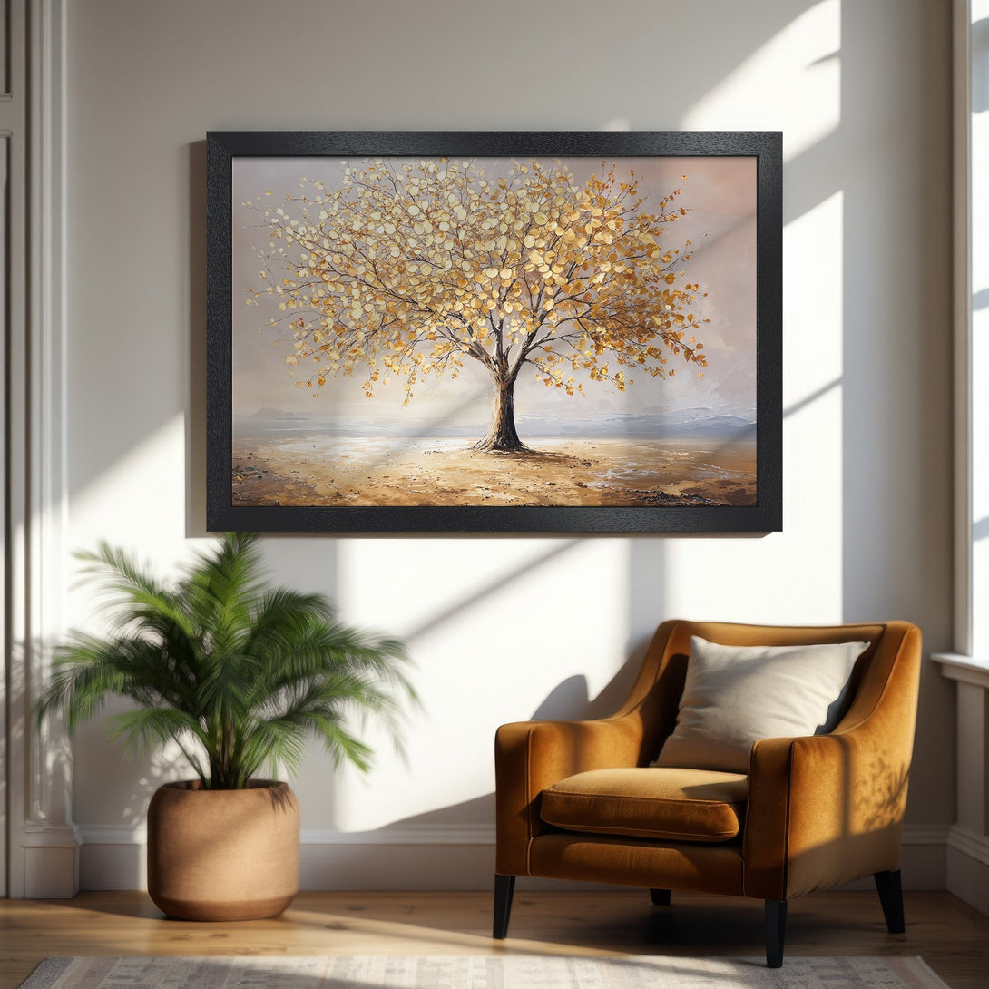Framed Poster featuring a golden tree painting. Warm, inviting color palette perfect for home decor. Add art to your space!