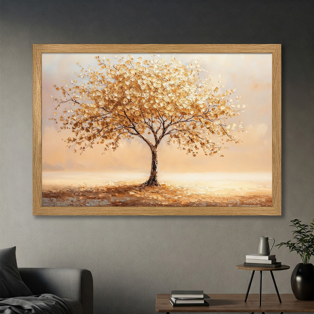 Framed Poster of a golden tree painting. Warm, earthy tones and textured brushstrokes create a serene, artistic style. Perfect wall art!