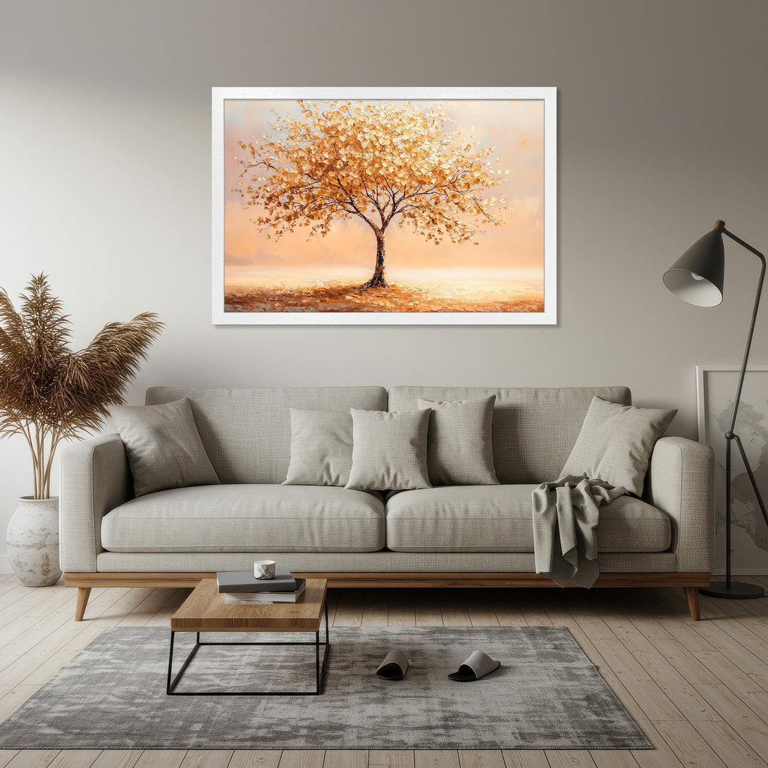 Framed Poster featuring a serene tree painting in warm orange and beige tones. Perfect wall art for a cozy living room.