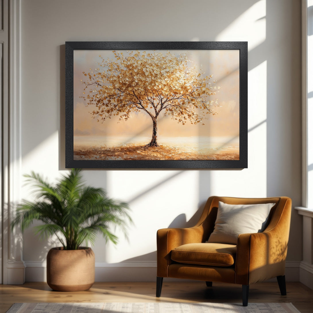 Framed Poster of a golden tree in a warm color palette. Perfect art for your living room.