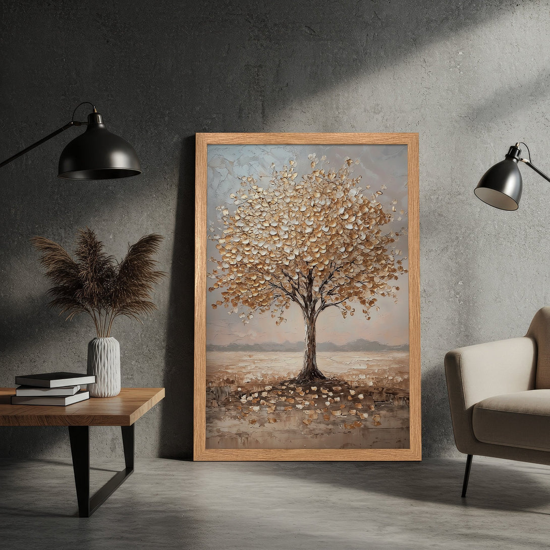 Framed Poster featuring a textured tree painting in a neutral, earthy color palette. Perfect wall art for any room.