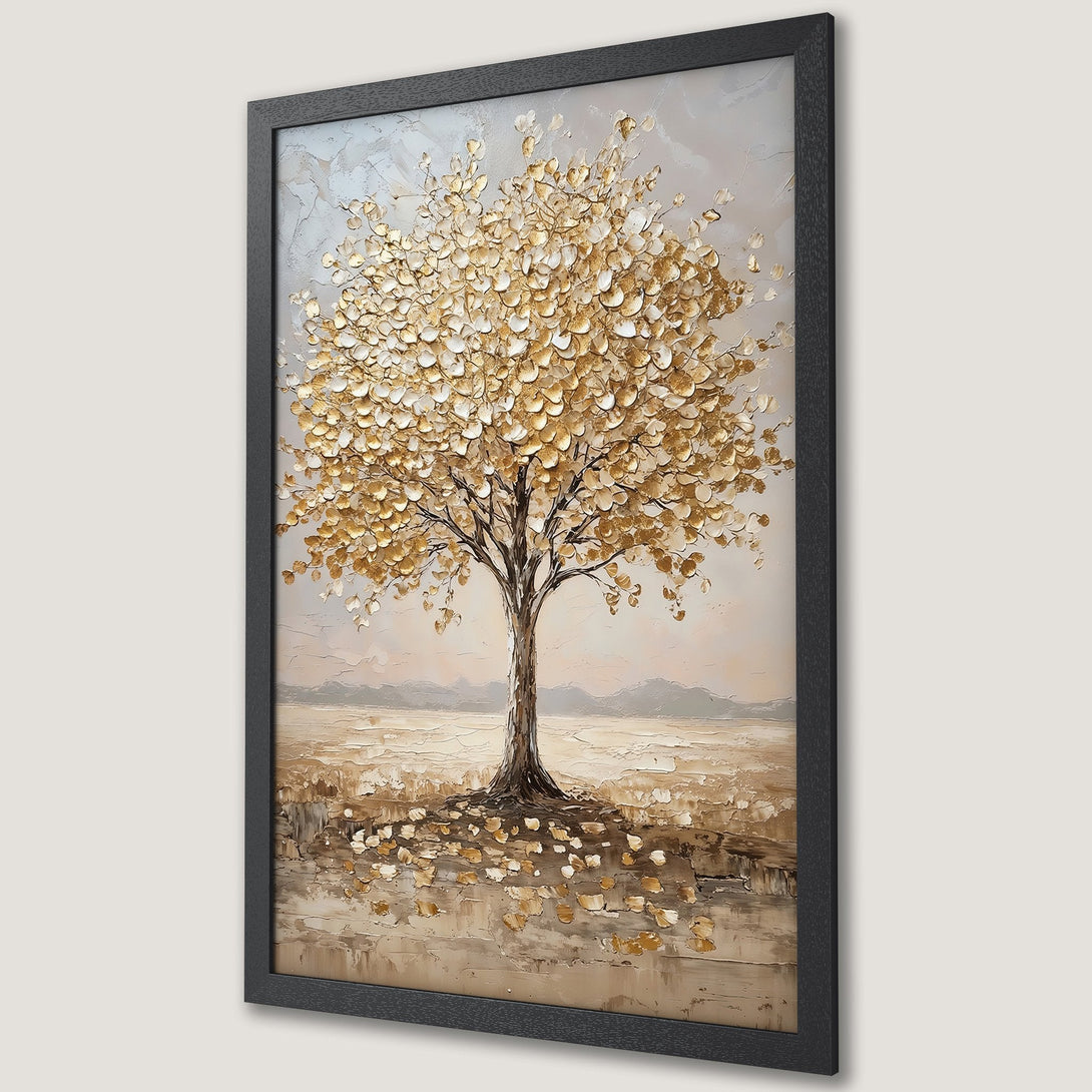Framed Poster featuring a textured gold tree art print. Neutral color palette perfect for modern home decor. Enhance your space with this beautiful artwork.