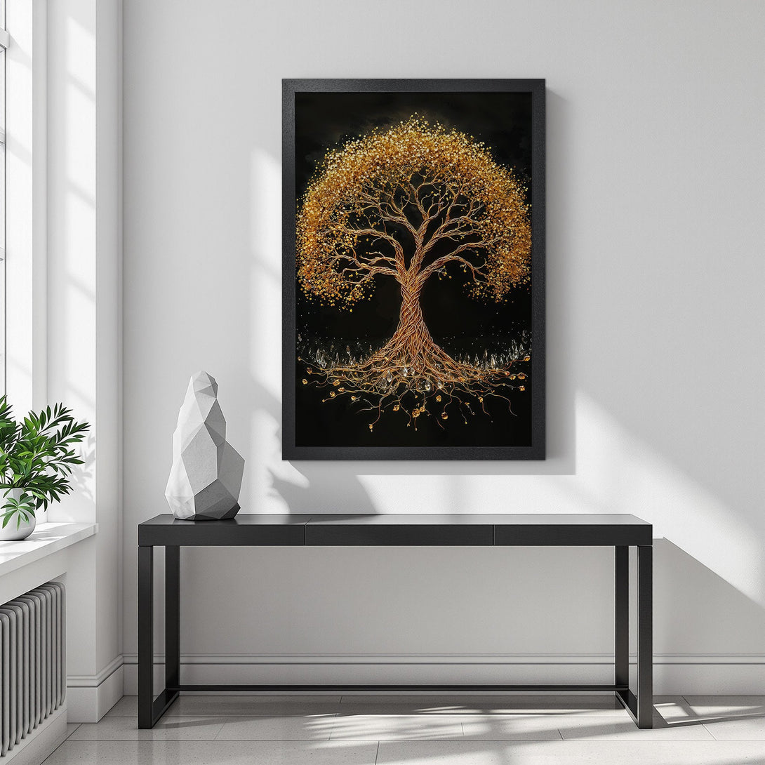 Framed Poster of a golden tree on a black background. Modern art style with gold and black color palette. Perfect wall decor.