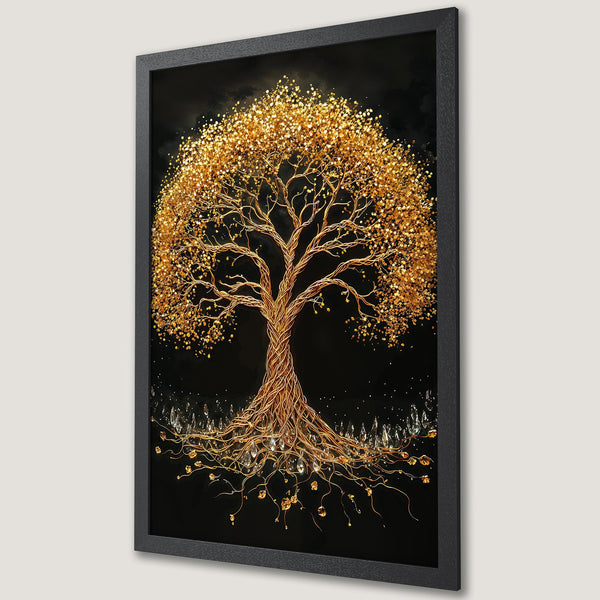Framed Poster of a golden tree against a black background. Elegant art print with gold and black color palette. Perfect for home decor.