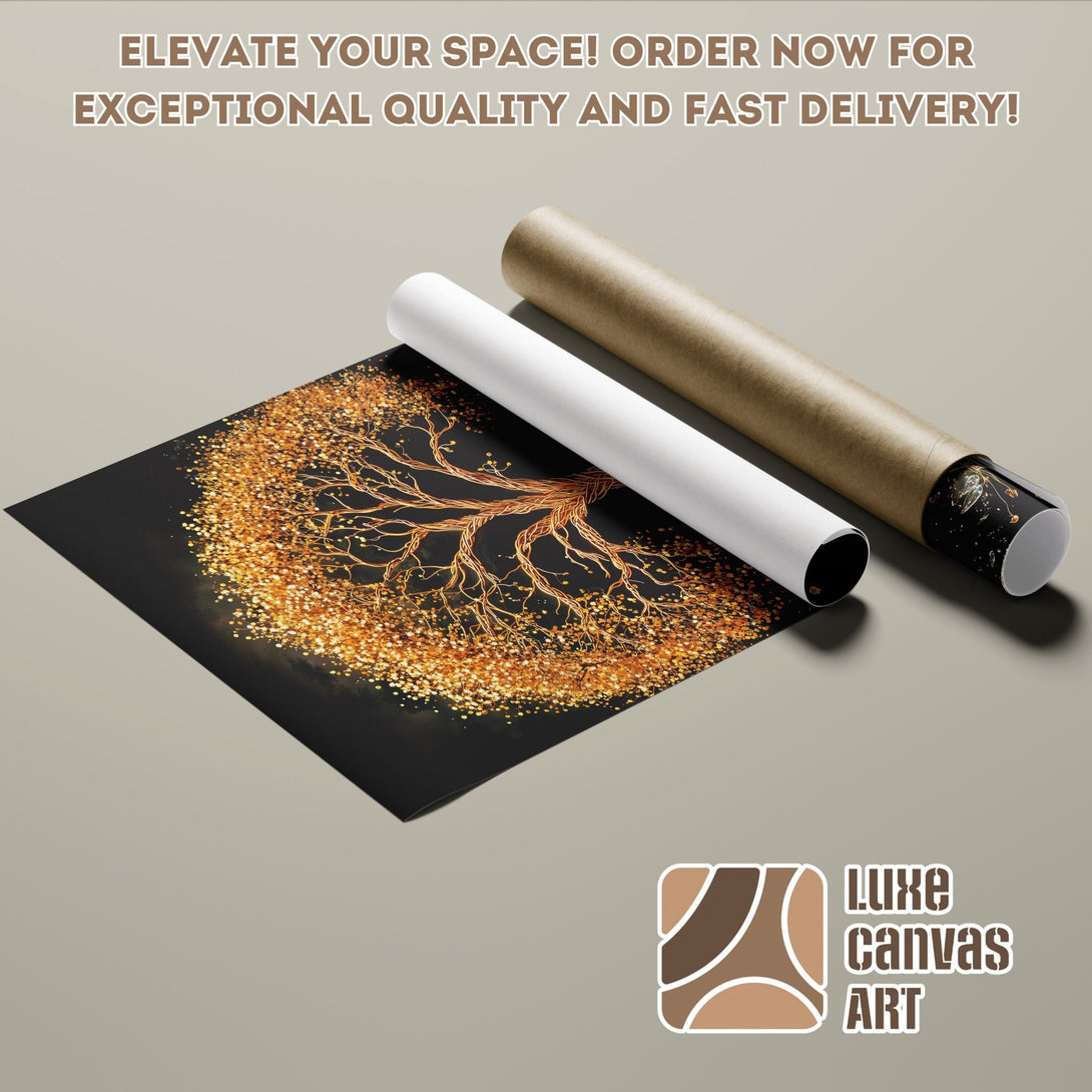 Poster Roll featuring a golden tree art print. Modern style with a warm, earthy color palette. Elevate your space!