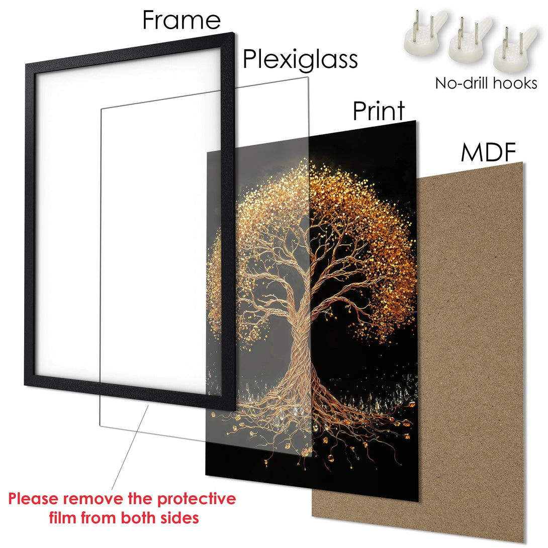 Framed Poster featuring a golden tree on black background. Elegant style, warm color palette. Ready to hang art!