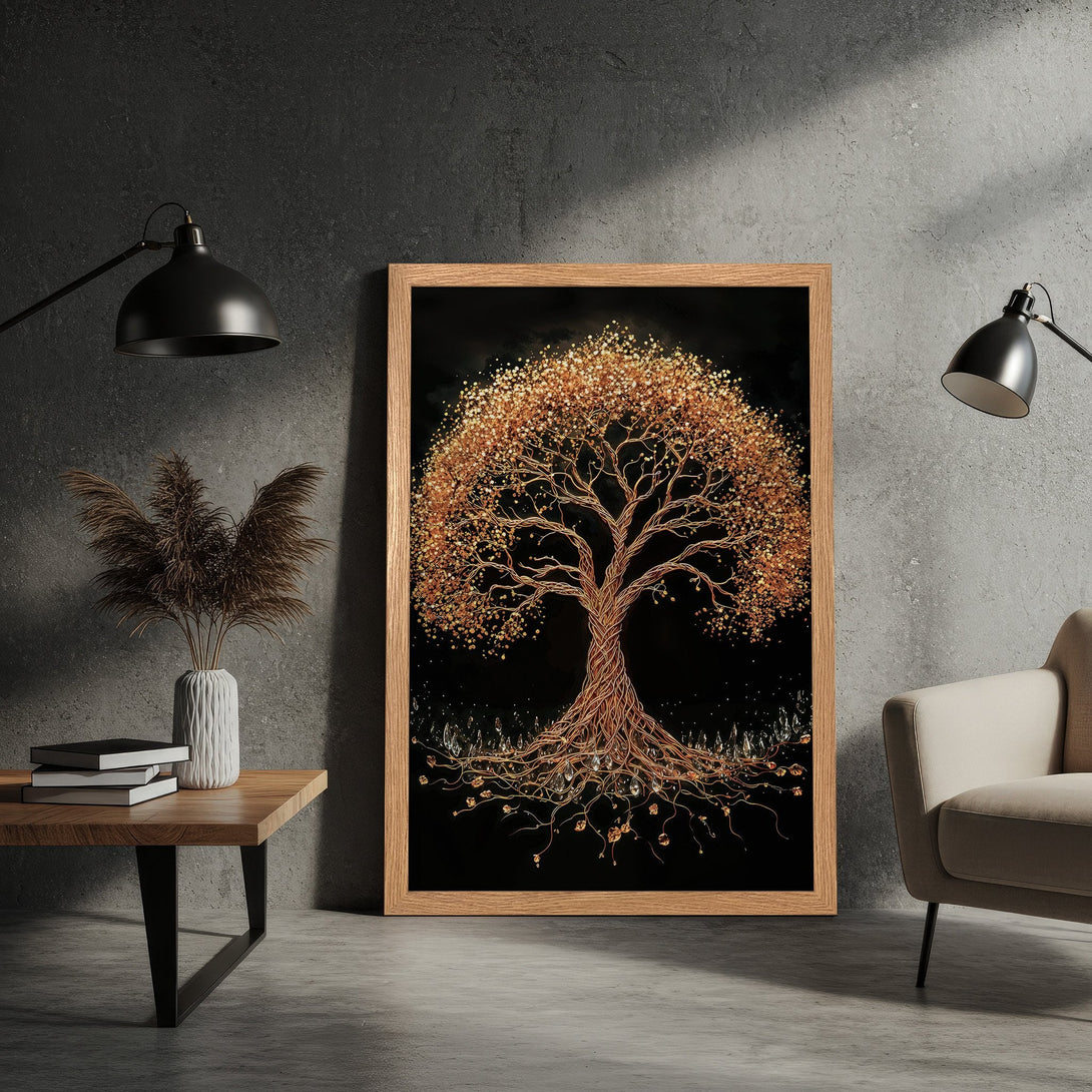 Framed Poster featuring a golden tree illustration on a black background. Modern art style with warm, earthy tones. Perfect wall decor.