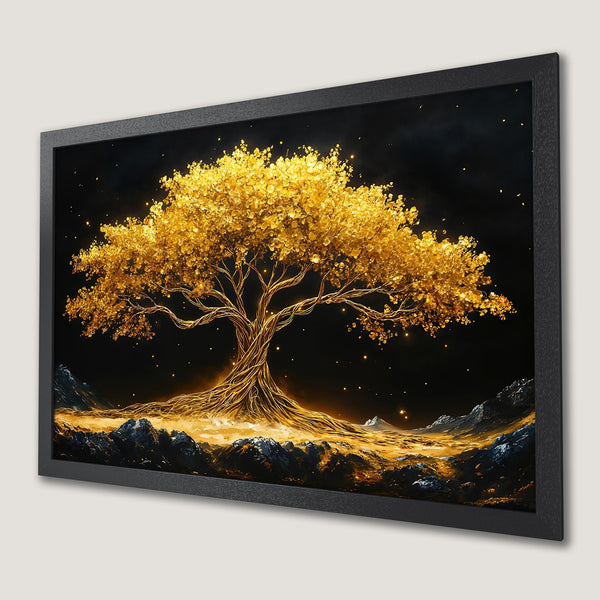 Framed Poster featuring a golden tree against a dark background. Stunning art print with a warm, celestial color palette.