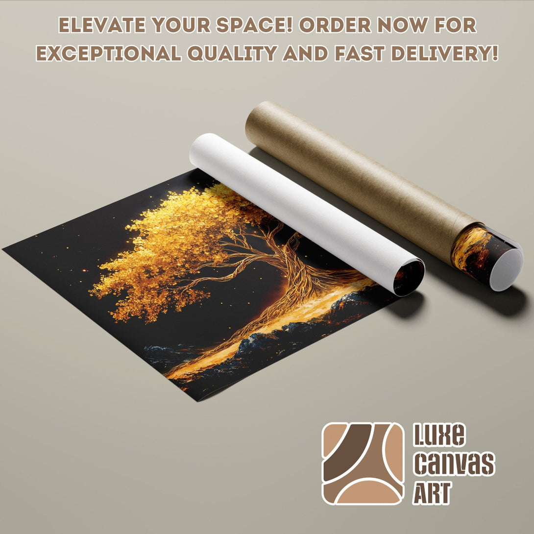 Golden tree art Poster Roll, modern style, black, gold, and brown color palette. Elevate your space!