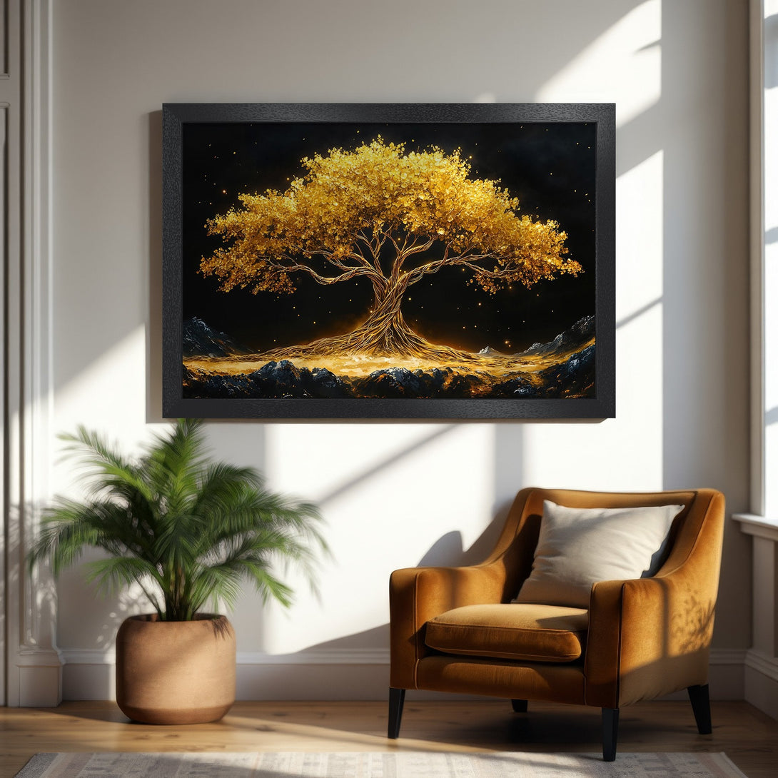Framed Poster of a golden tree against a dark backdrop. Artistic style, warm gold and black color palette. Perfect wall art.
