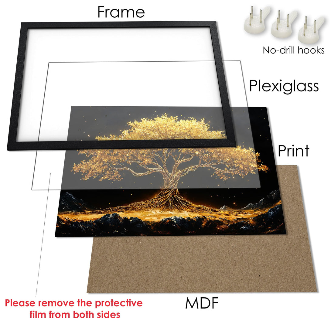 Framed Poster featuring a golden tree art print. Modern style with a warm, earthy color palette. Ready to hang!