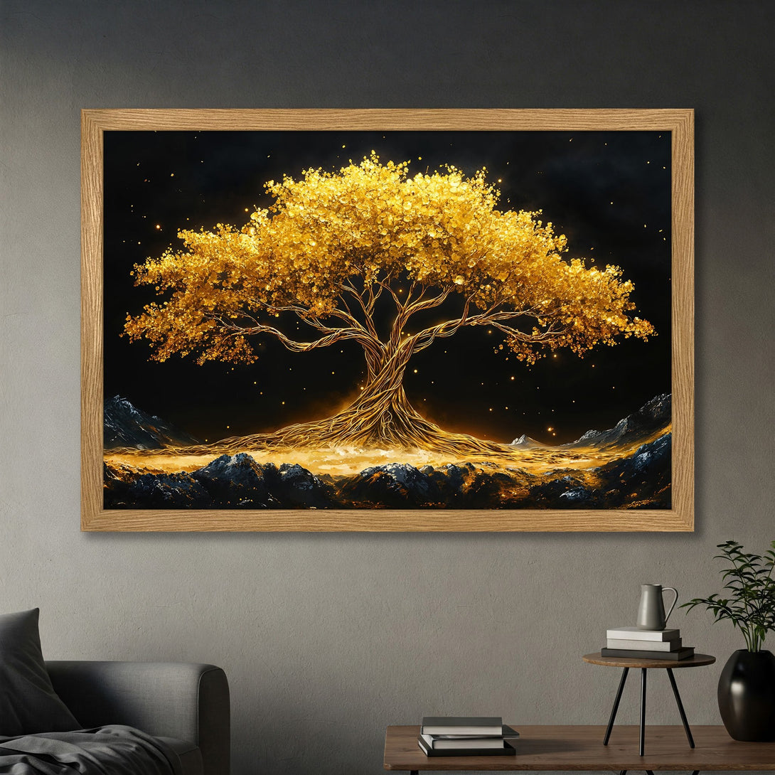 Framed Poster of a golden tree against a dark sky. Artistic style with a gold and black color palette. Add a touch of magic to your walls!