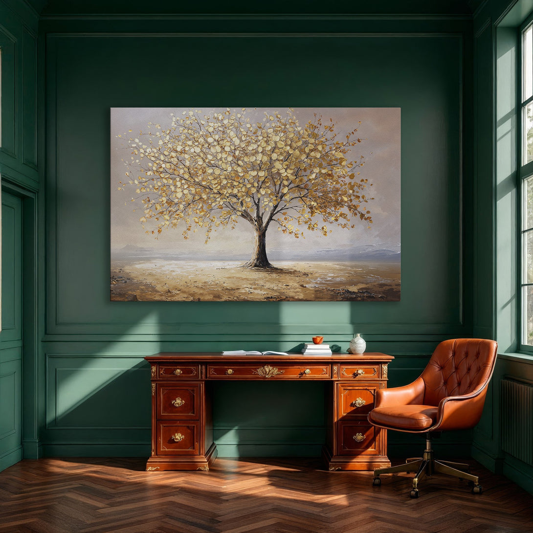 Framed Wall Art: Golden tree landscape painting in a neutral color palette. Adds elegance to any dining room. Shop Canvas Prints today!
