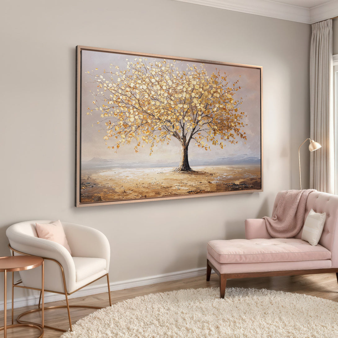 Framed Wall Art: Abstract tree painting in warm gold and neutral tones. Modern canvas art for living room decor.