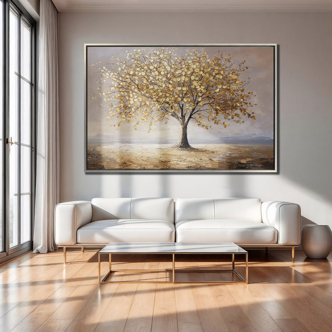 Framed Wall Art: Abstract tree painting in warm gold and neutral tones. Perfect for living room decor. Enhance your space with this art piece!