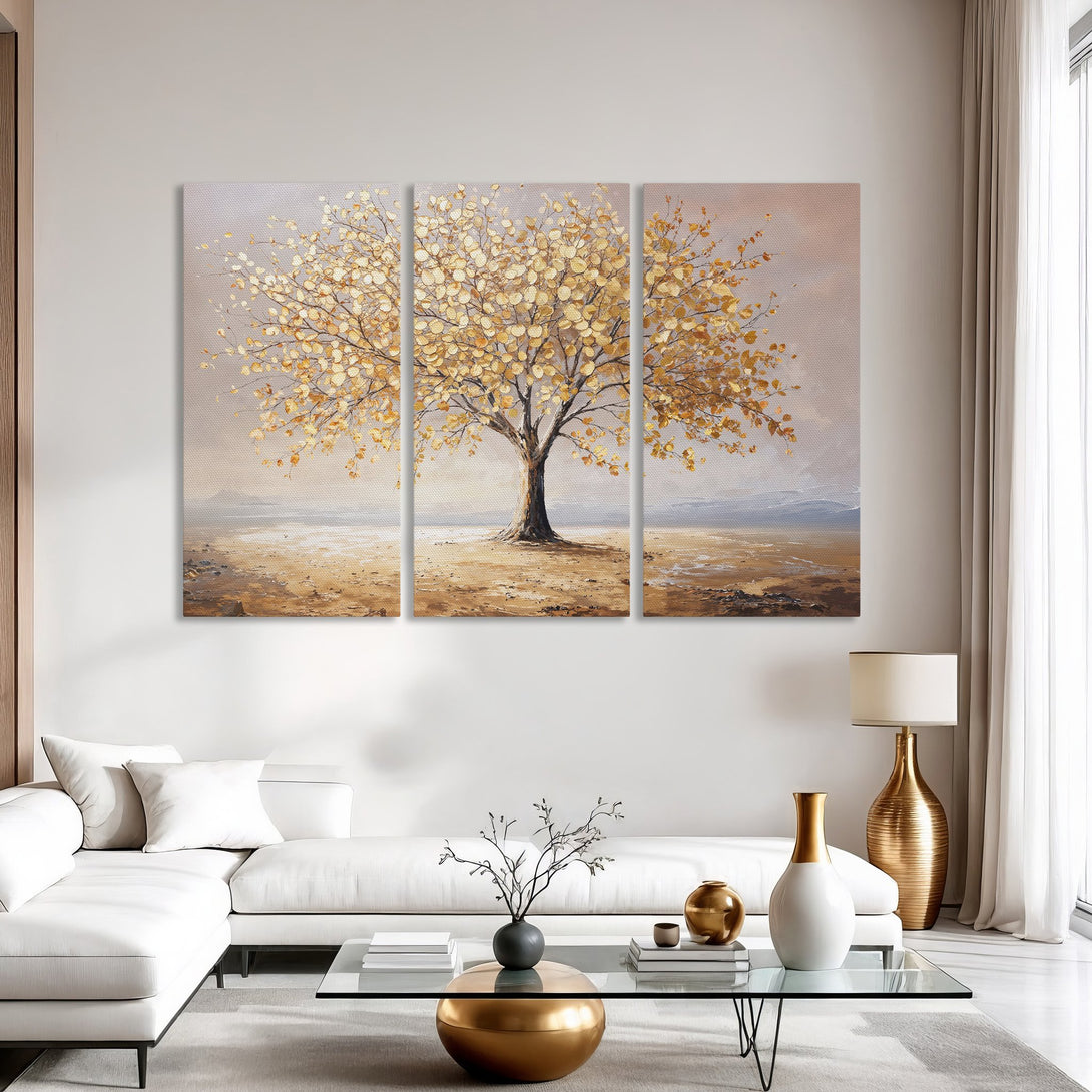 Canvas Print of a golden tree painting, displayed in a modern interior. Warm neutral color palette, perfect for adding elegance to any space.