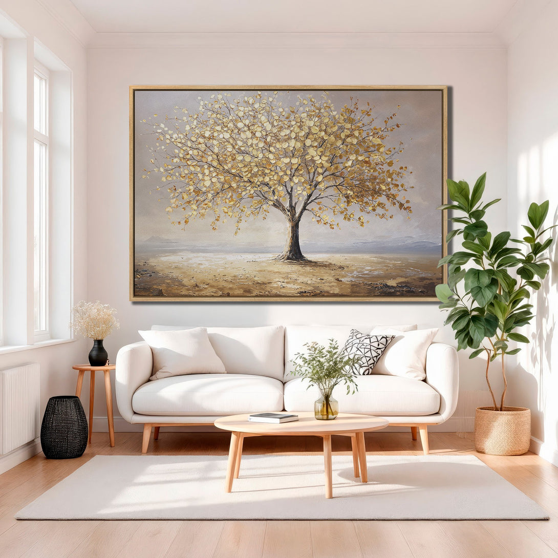Framed Wall Art: Stunning tree painting in neutral tones. Elevate your space with this elegant, modern canvas print featuring gold and gray hues.