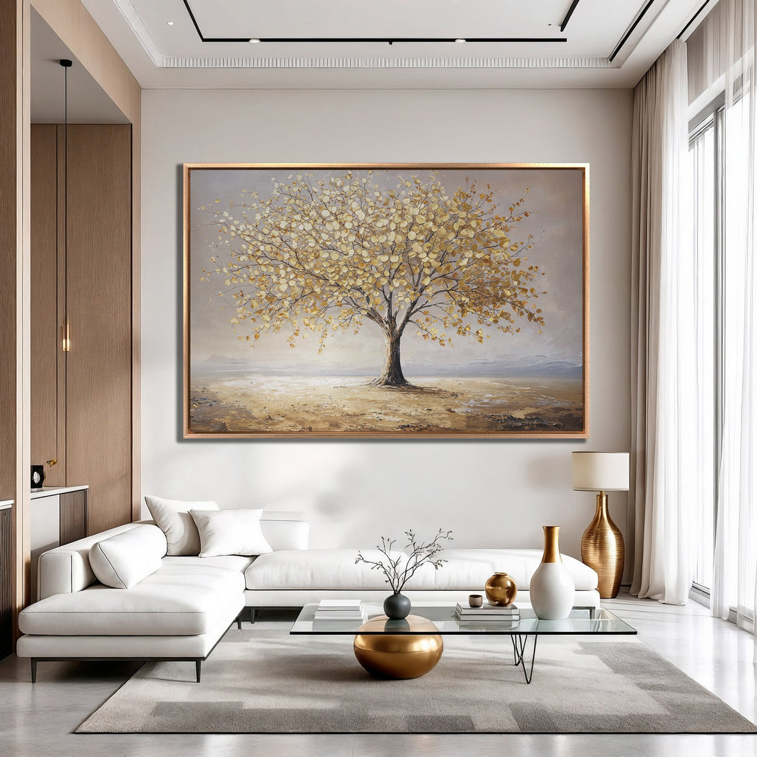 Framed Wall Art: Golden tree painting in a modern living room. Neutral color palette with gold accents. Perfect for adding elegance to your space.