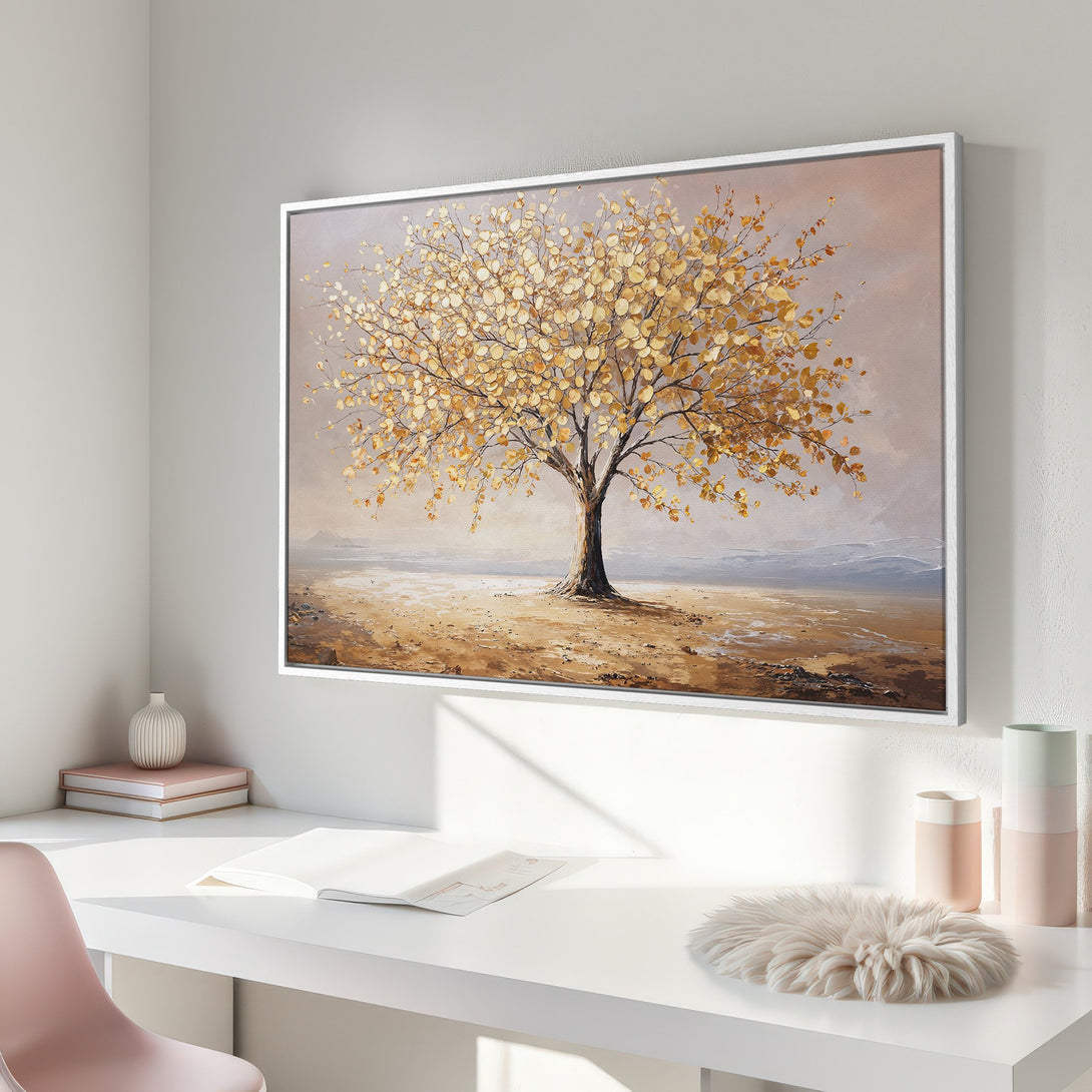 Framed Wall Art featuring a golden tree painting in a neutral color palette. Perfect for adding a touch of nature and warmth to your space.