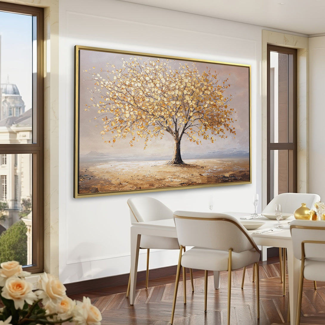 Canvas Print of a golden tree painting in a green room. Earthy tones and a classic style create a warm, inviting atmosphere.